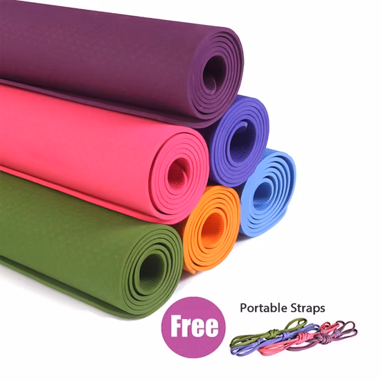 Tapetes de ioga TPE por atacado com alças livres, almofada de 6 mm de espessura para ginástica antiderrapante, logotipo personalizado, carpete de cor sólida, pilates, fitness, melhores almofadas para equilíbrio de jogo